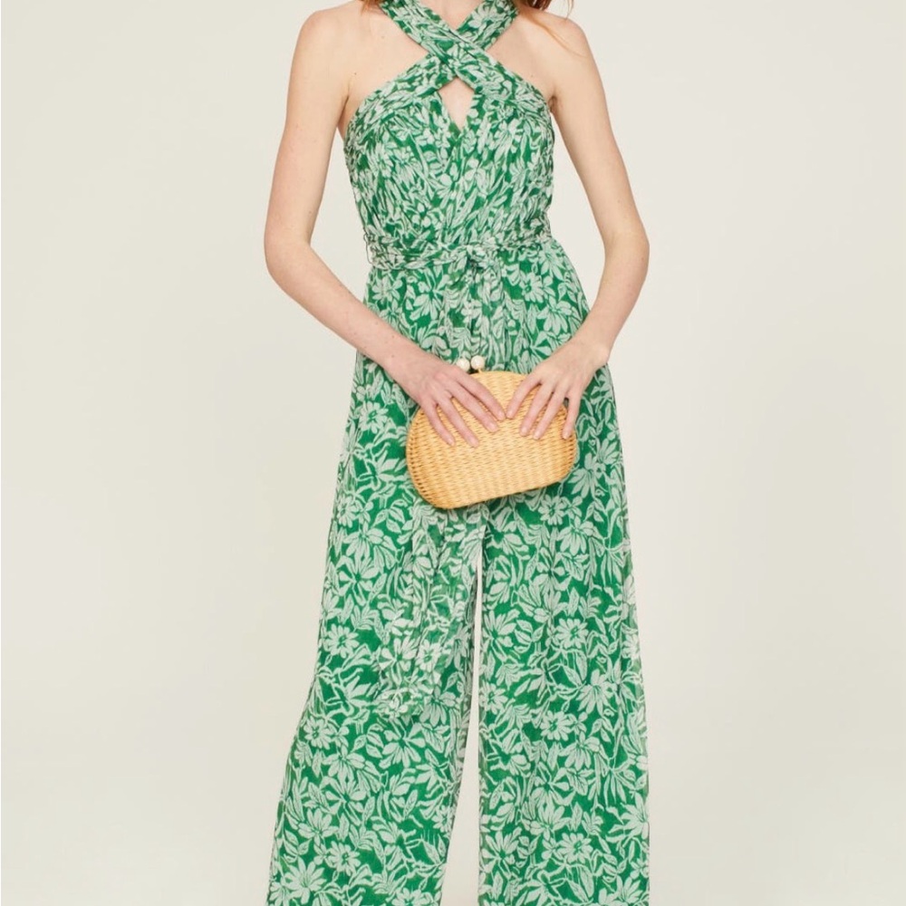 Badgley Mischka Green and White Leaf Print Jumpsuit Wide Leg Pleated